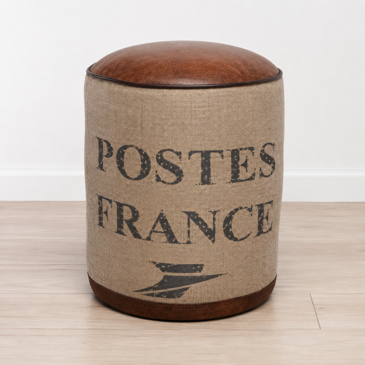 Cotton And Leather Pouff - 38 x 38 x 42 cm - SKU M-1804